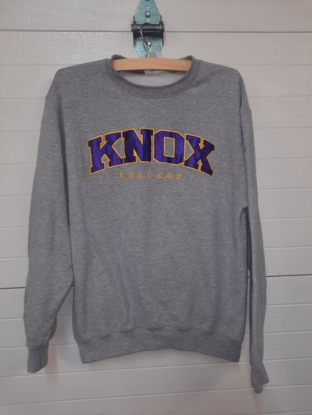 Champion Gray Crewneck with Purple & Gold Knox Lettering